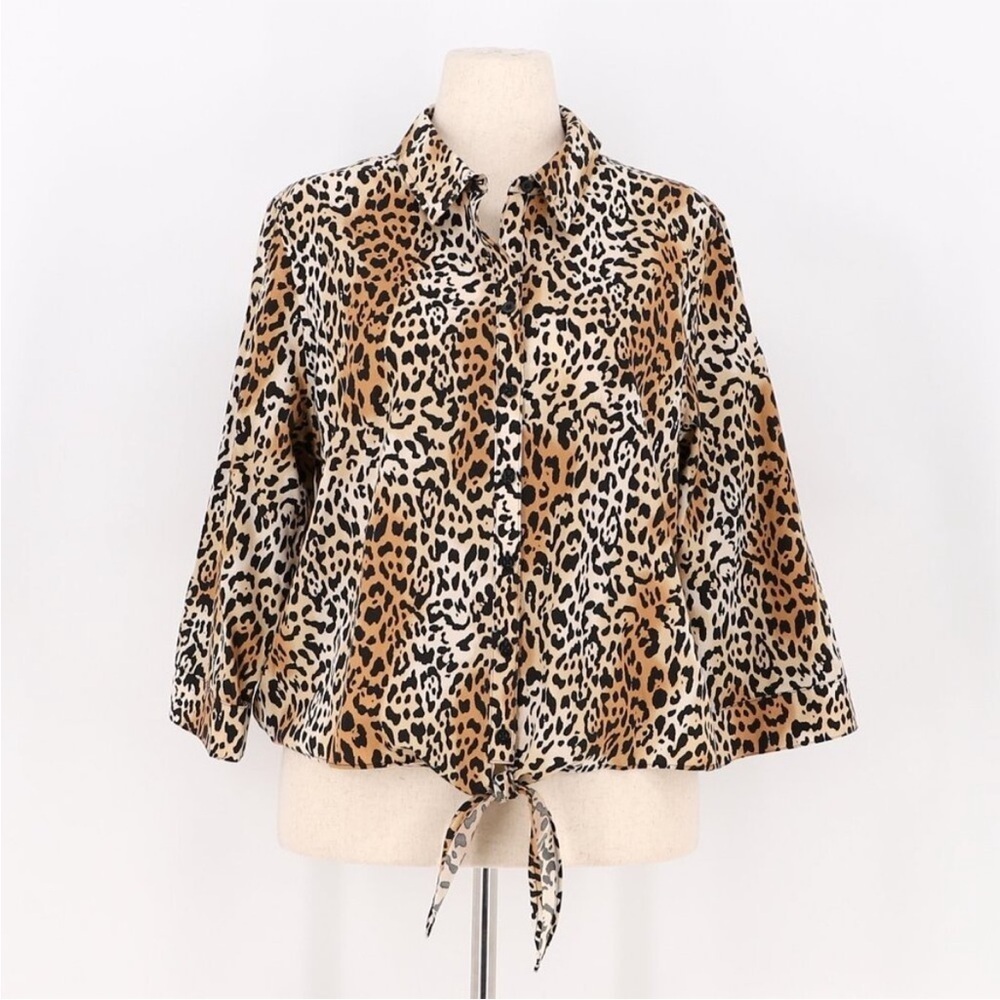 CHICO'S Button Front Shirt Leopard Print No Iron Front Tie Size 3 (XL/16) NWOT